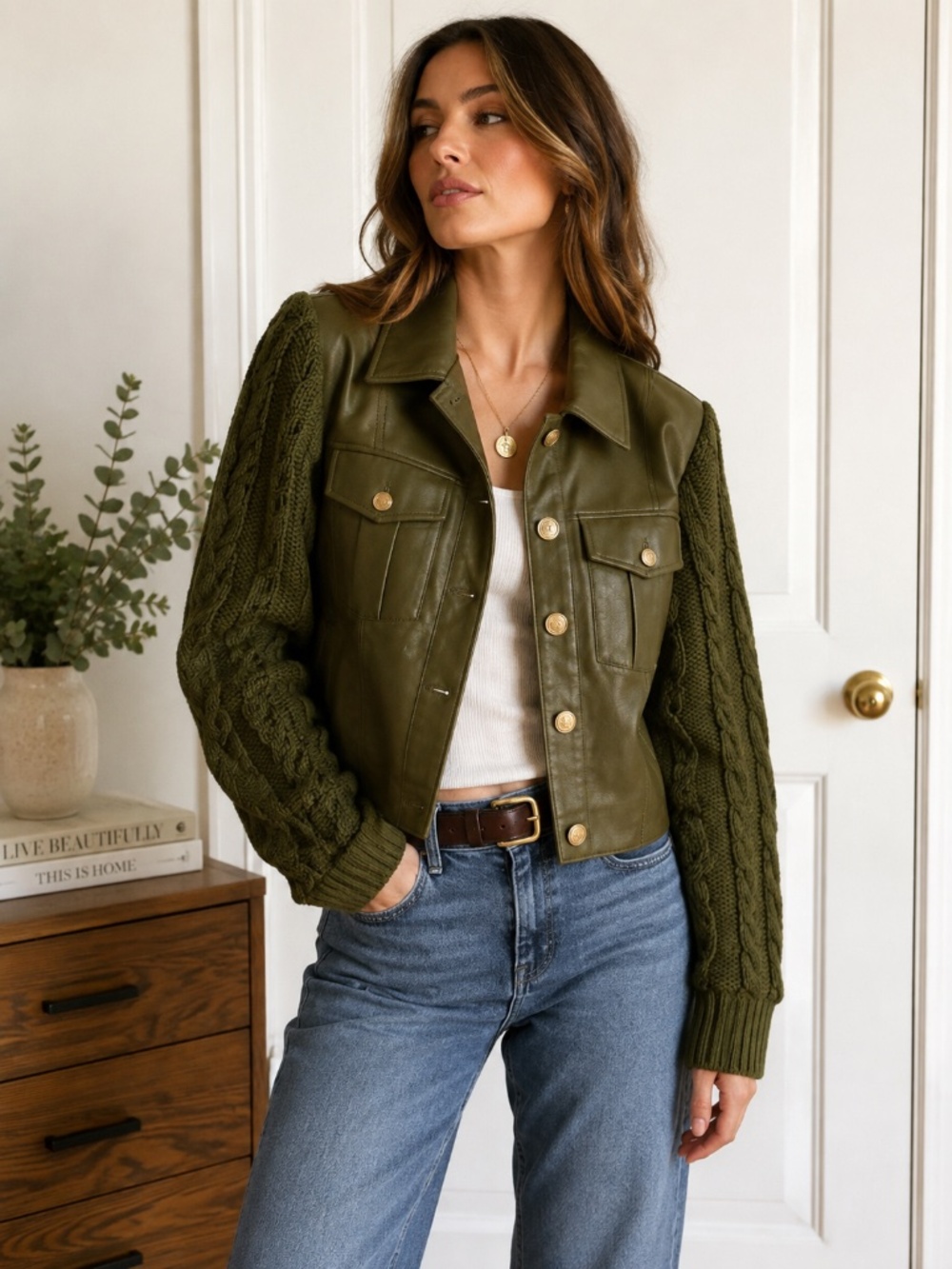 7 For All Mankind Olive Faux Leather‎ Cable Knit Sleeve Cropped Jacket L ✨
